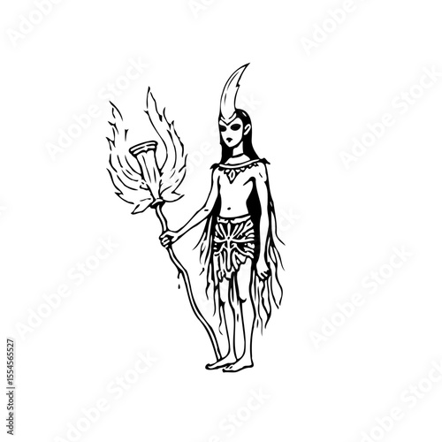 Enigmatic depiction of an otherworldly being holding a mystical staff with flame-like projections in black and white art