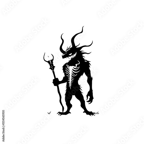 Eerie creature in silhouette, holding staff, against a white background, evoking fantasy, and mystique, through monochromatic design