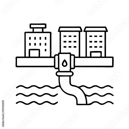 Urban water supply system line icon showing buildings connected to an underground pipe delivering water. Vector illustration