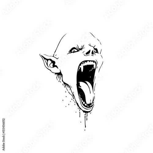 Terrifying vampire portrait screaming with sharp fangs and open mouth illustration graphic on white background