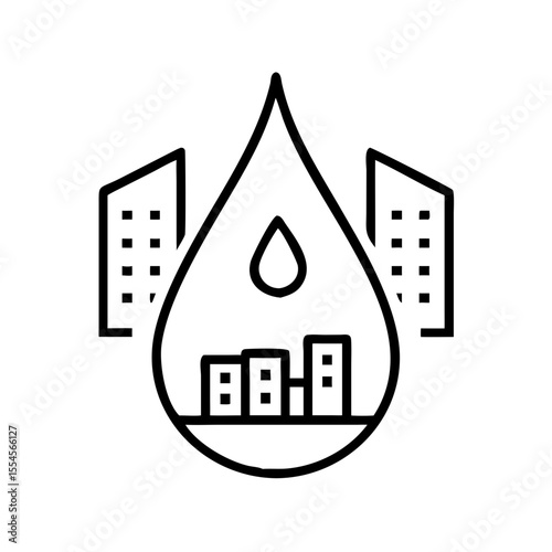 Urban water supply icon. Black outline water drop with city buildings. City water pipeline. Drinking water supply symbol. Vector illustration