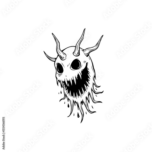 Eerie horned creature with menacing grin is a terrifying illustration for the Halloween or dark fantasy projects