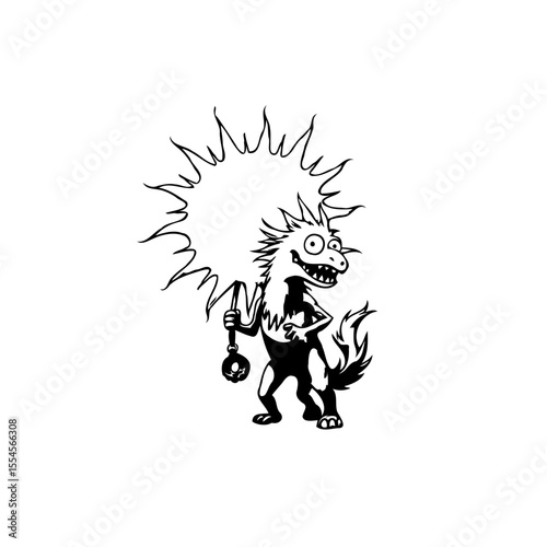 Grotesque and Whimsical Cartoon Creature Holding Key with Explosive Hair Style Black and White