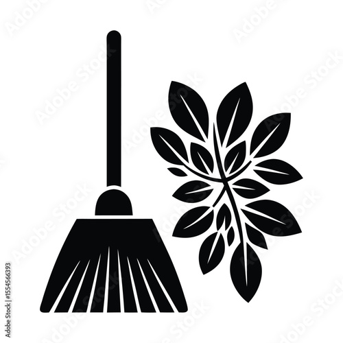 Stylized broom and dustpan silhouette decorated with delicate leaves and natural elements