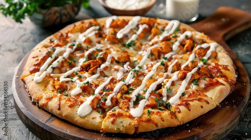 A buffalo chicken pizza with a white sauce drizzle on a wooden board with parsley garnish on top