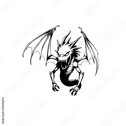 A menacing monochrome dragon poised mid-air its wings spread a symbol of power and mystique