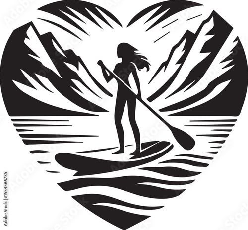 This black and white illustration, set within a heart shape, features a person stand-up paddleboarding on calm water. Majestic mountains frame the background, and horizontal lines suggest a peaceful h