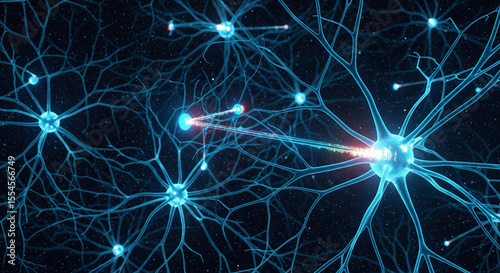 Neuron network depicts communication across brain cells in a glowing blue, connecting complex systems of neurology and medical exploration.