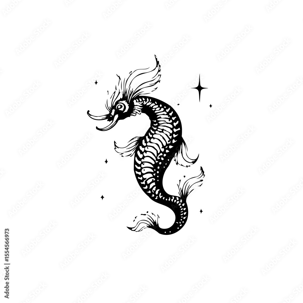Fototapeta premium Intricate mythical sea creature illustration in black and white for fantasy illustration design