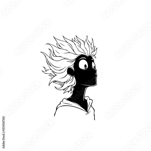 Cartoon character with striking hair gazes upwards a whimsical illustration perfect for various creative projects
