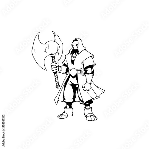 Intimidating hooded warrior wielding an axe vector art illustration for fantasy game design projects creative artworks