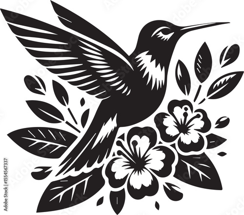This black and white illustration shows a sleek hummingbird in mid-flight, gracefully approaching a cluster of flowers and leaves. Its wings are depicted with intricate lines, suggesting rapid movemen