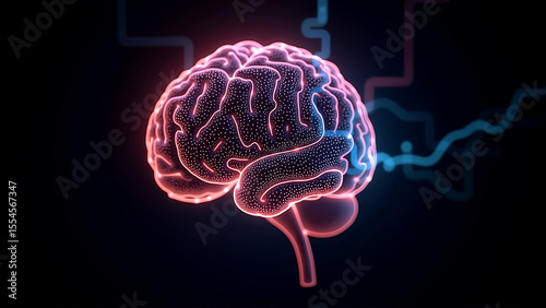 Glowing brain illustration, vibrant neon colors, abstract representation of intelligence and creativity, suitable for educational themes.