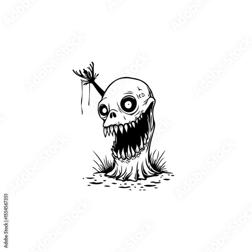 Creepy spooky monster head with sharp teeth and branch on white background illustration artwork