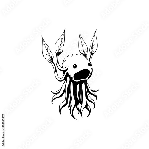 Whimsical plant creature illustration with surprising eyes, making it more unique and captivating design element with nature and fantasy