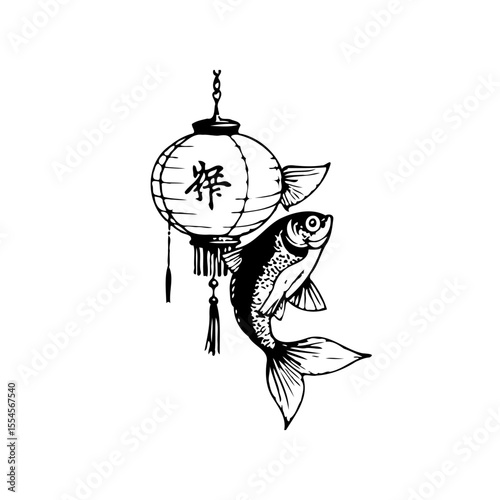 Elegant oriental art depicting koi fish and a traditional chinese lantern illustration design ink style isolated