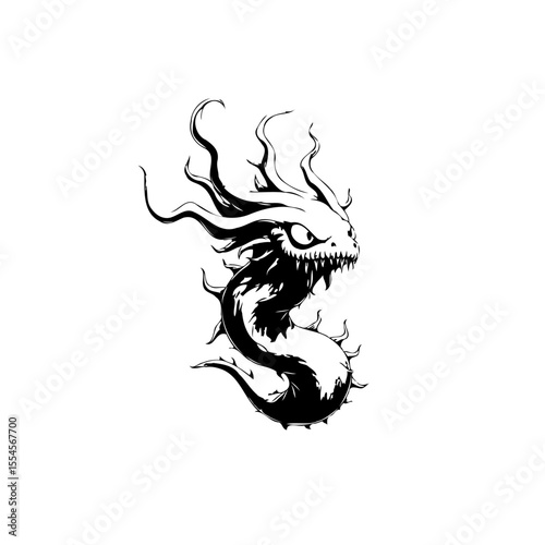 A monochrome drawing presenting an evil serpent with hair and sharp teeth is set on white background
