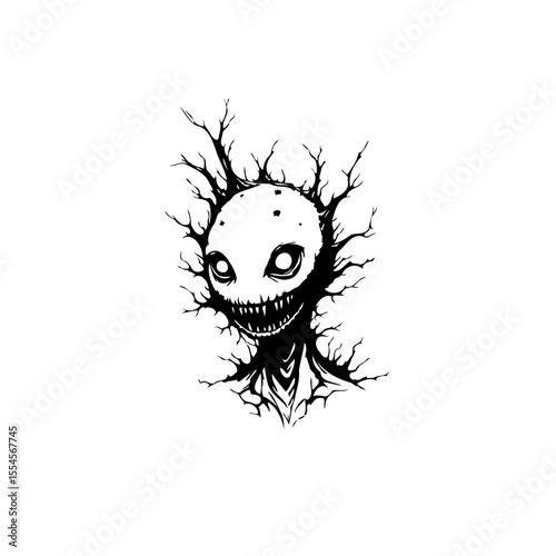 Spooky black and white creature emerging with eerie eyes sharp teeth and twisted branches illustration