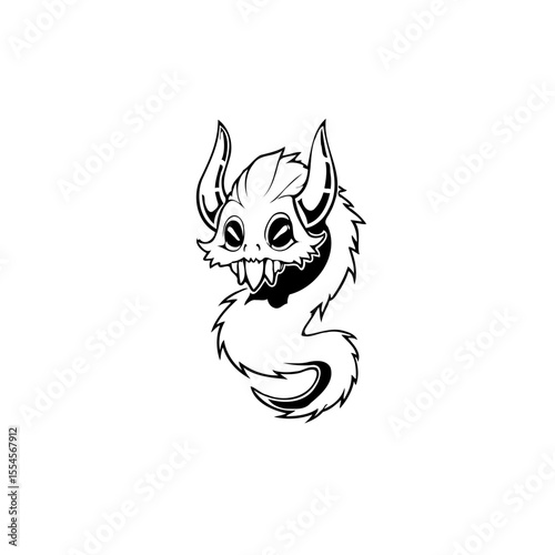 Whimsical creature cartoonish illustration with horns sharp teeth playful lineart featuring stylized monster design