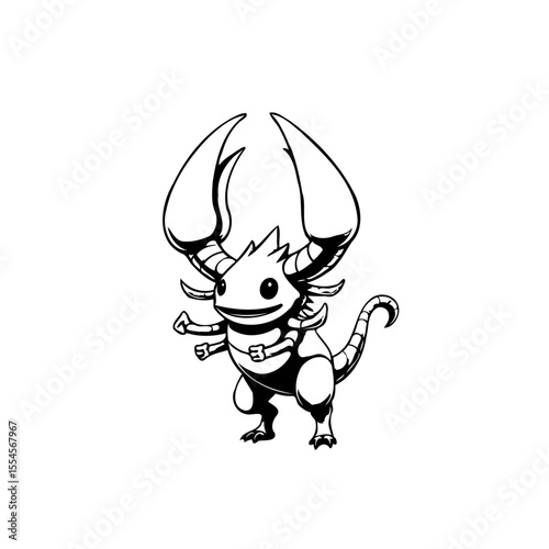 Whimsical scorpion creature illustration showcasing fantasy art, ideal for children's book and tattoo design featuring outlined scorpion