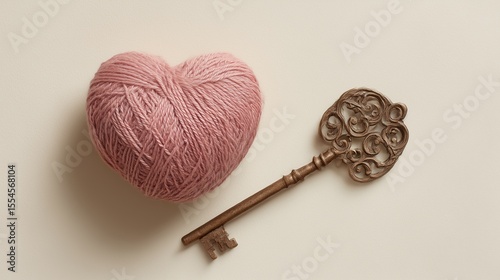 Delicate Ribbon Tied Heart Paired with Antique Key for a Gentle Romantic Mood