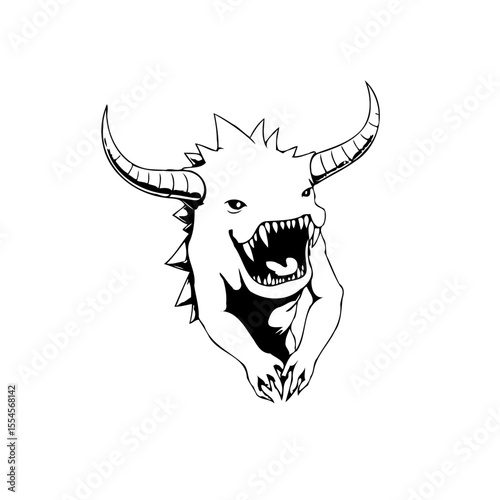 Illustrated horned dragon portrait emerging from darkness with sharp teeth and claws ready to fight