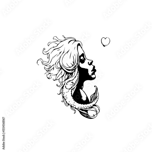 Enigmatic mermaid with flowing hair and a delicate heart a captivating black and white illustration
