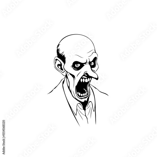 Creepy bald zombie creature with large nose screaming in black and white artwork illustration