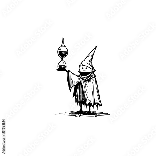 Enigmatic wizard figure gracefully holding hourglass representing time, mysticism, and fantasy in monochrome drawing