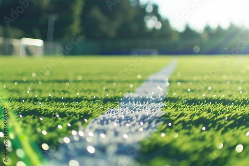 Green soccer field in sunlight. White line runs through the grass.
