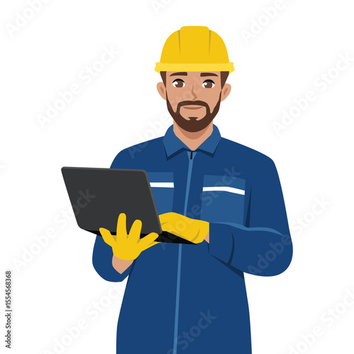 Engineer Wearing Safety Gear Working on Laptop. Flat Vector character illustration