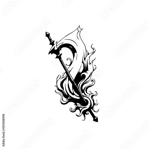 Mystical warrior emblem featuring a sword and banner engulfed in ethereal flames and wisps with artistic flair