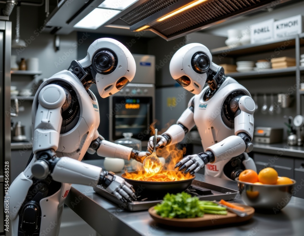 Fototapeta premium Two White Robots Cooking Food in a Modern Kitchen