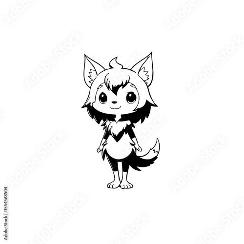 Cute anime style animal character stands playfully waving on a white background illustration design with bold lines