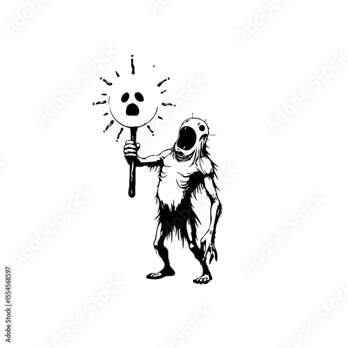 Monstrous depiction holding a sign expressing horror and fear within a minimalist monochrome artwork in vector