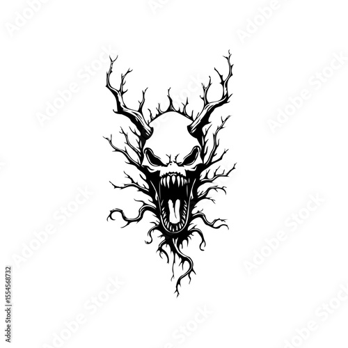 Creepy skull with tree branches illustration creating a nightmarish figure for Halloween or gothic design