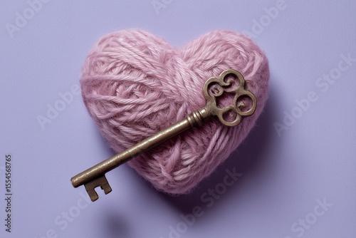 Romantic Flatlay with Handmade Yarn Heart and Ornate Antique Brass Key