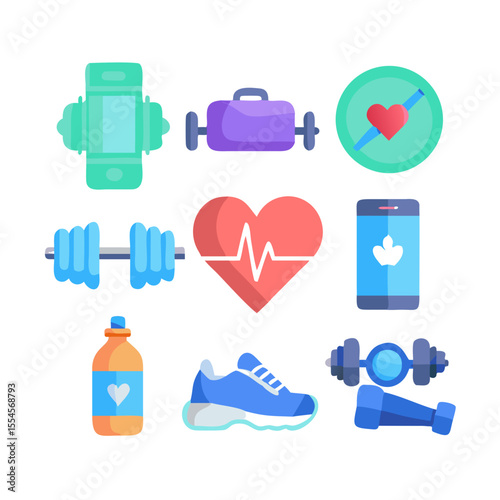 Fitness & Health Vector Icon Set – 10 Colorful Icons for Gym, Workout, Exercise, Yoga, and Health Tracker UI in Flat Vector Style	