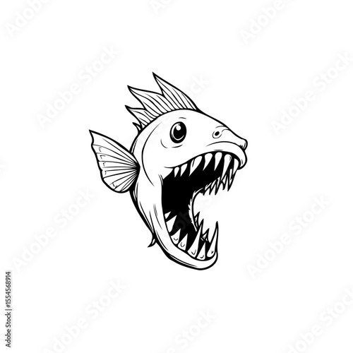 A menacing piranha with sharp teeth illustration displays underwater danger with open mouth showing aggression in monochrome
