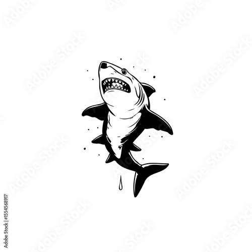 Illustrative artwork showcasing an aggressive shark depicted in black and white perfect for apparel and designs