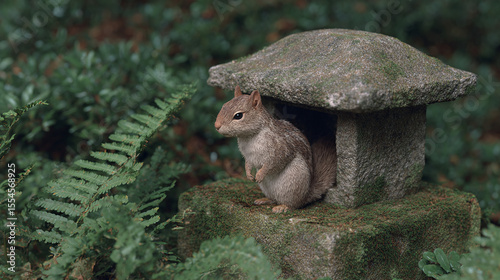 Charming Squirrel Nestled in a Serene Stone Habitat Surrounded by Lush Ferns and Verdant Forest, Evoking a Sense of Peace and Wonder in Nature's Embrace