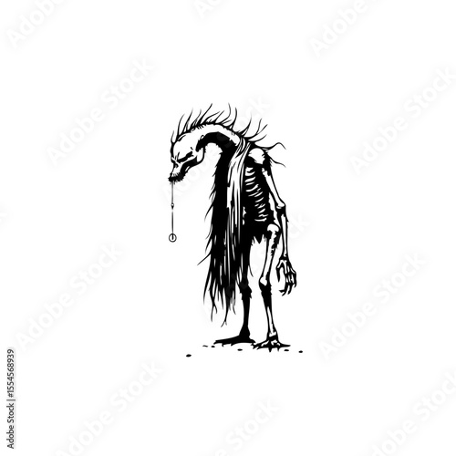 Creepy skeletal being with dripping saliva: A surreal illustration of existential dread, solitude, and decay