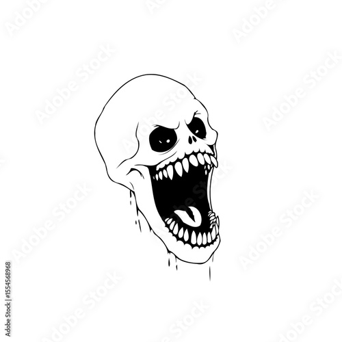 Detailed line art illustration showcasing a skull screaming in black and white art with macabre theme
