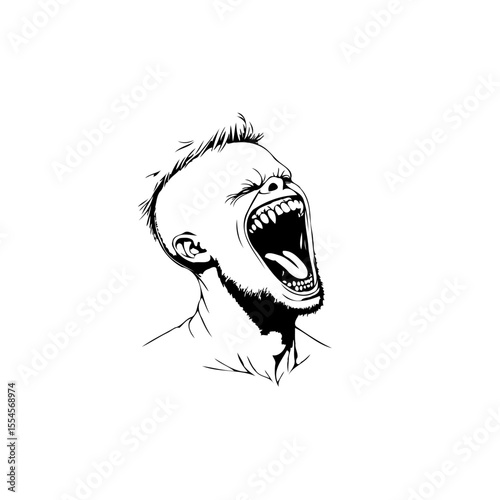 Monochrome illustration of a screaming man showcasing intense emotion and expressive facial features in artistic style