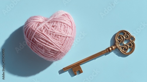 Romantic Flatlay with Handmade Yarn Heart and Ornate Antique Brass Key