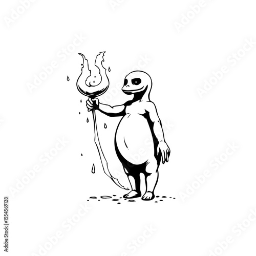 A curious creature illustration holding a fiery torch in a stark black and white design