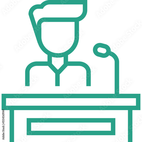 Stylized icon of a person standing at a podium with a microphone representing public speaking or a presentation event