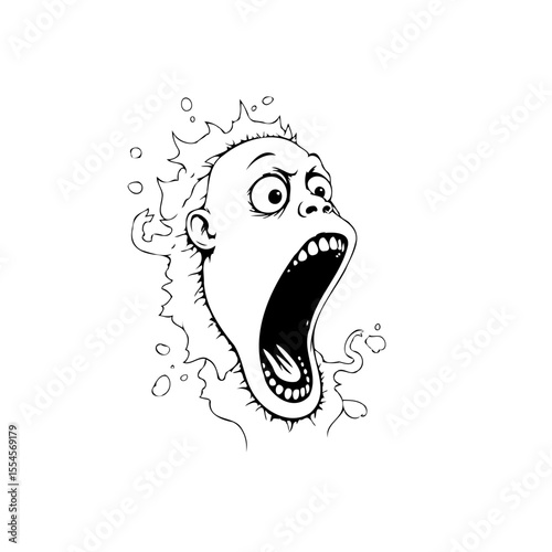 Expressive cartoon figure screaming wildly with open mouth and exaggerated facial features in monochromatic illustration