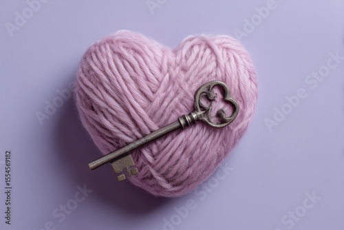 Romantic Flatlay with Handmade Yarn Heart and Ornate Antique Brass Key