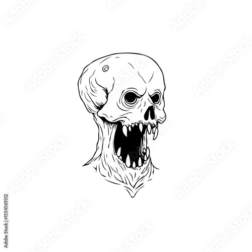 Terrifying skeletal head illustration showcasing horror and the macabre themes rendered in black and white